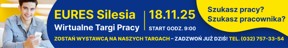 Baner w kolorystyce zółto-granatowej informujący o wirtualnych targach pracy. Wszystkie informacje zawarte na banerze znajdują się w treści ogłoszenia.