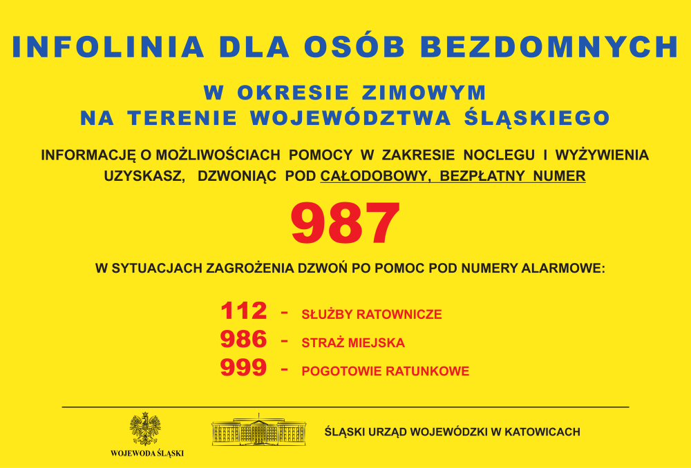 Plakat jest w kolorze żółtym, w dolnej jego części znajduje się logo Wojewody Śląskiego oraz logo Śląskiego Urzędu Wojewódzkiego w Katowicach. Plakat zawiera informacje pogrubionym, niebieskim drukiem o infolinii dla osób bezdomnych w okresie zimowym na terenie województwa śląskiego.  Dodatkowo przedstawia informację  o możliwościach pomocy w zakresie noclegu i wyżywienia pod całodobowym, bezpłatnym numerem 987. W sytuacjach zagrożenia należy dzwonić po pomoc pod numery alarmowe: 112 służby ratownicze, 986 straż miejska, 999 pogotowie ratunkowe. Wszystkie numery alarmowe są pogrubione w kolorze czerwonym.