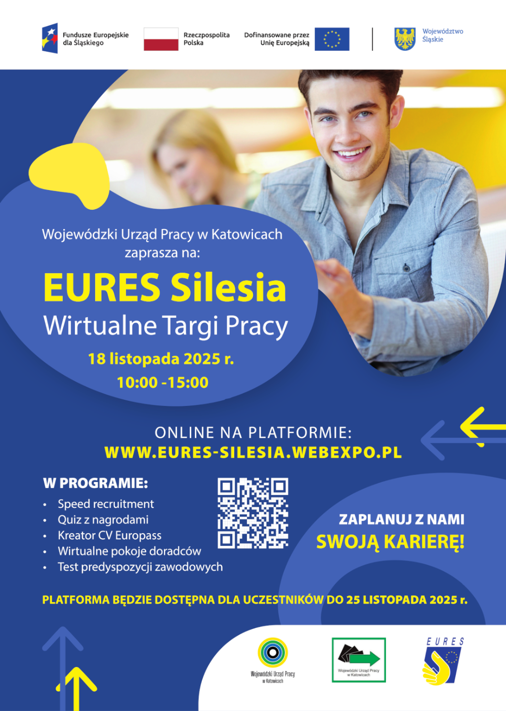 Plakat ilustrujący wydarzenie  Wirtualne Targi Pracy EURES Silesia online na platformie internetowej webexpo.pl